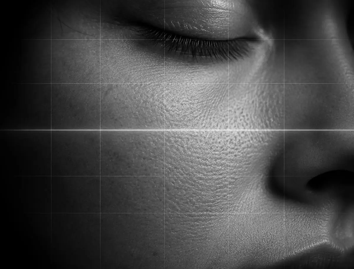Primer plano en blanco y negro de la textura de la piel de un rostro, con una retícula fina y una línea de escaneo superpuestas